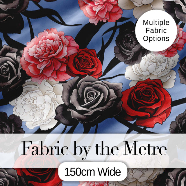 Blue Grey Background Red Black White Roses Peonies Seamless Floral Pattern Digital Print Fabric by the Metre UK Sewing Quilting Textile