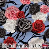 Blue Grey Background Red Black White Roses Peonies Seamless Floral Pattern Digital Print Fabric by the Metre UK Sewing Quilting Textile