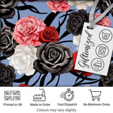 Blue Grey Background Red Black White Roses Peonies Seamless Floral Pattern Digital Print Fabric by the Metre UK Sewing Quilting Textile