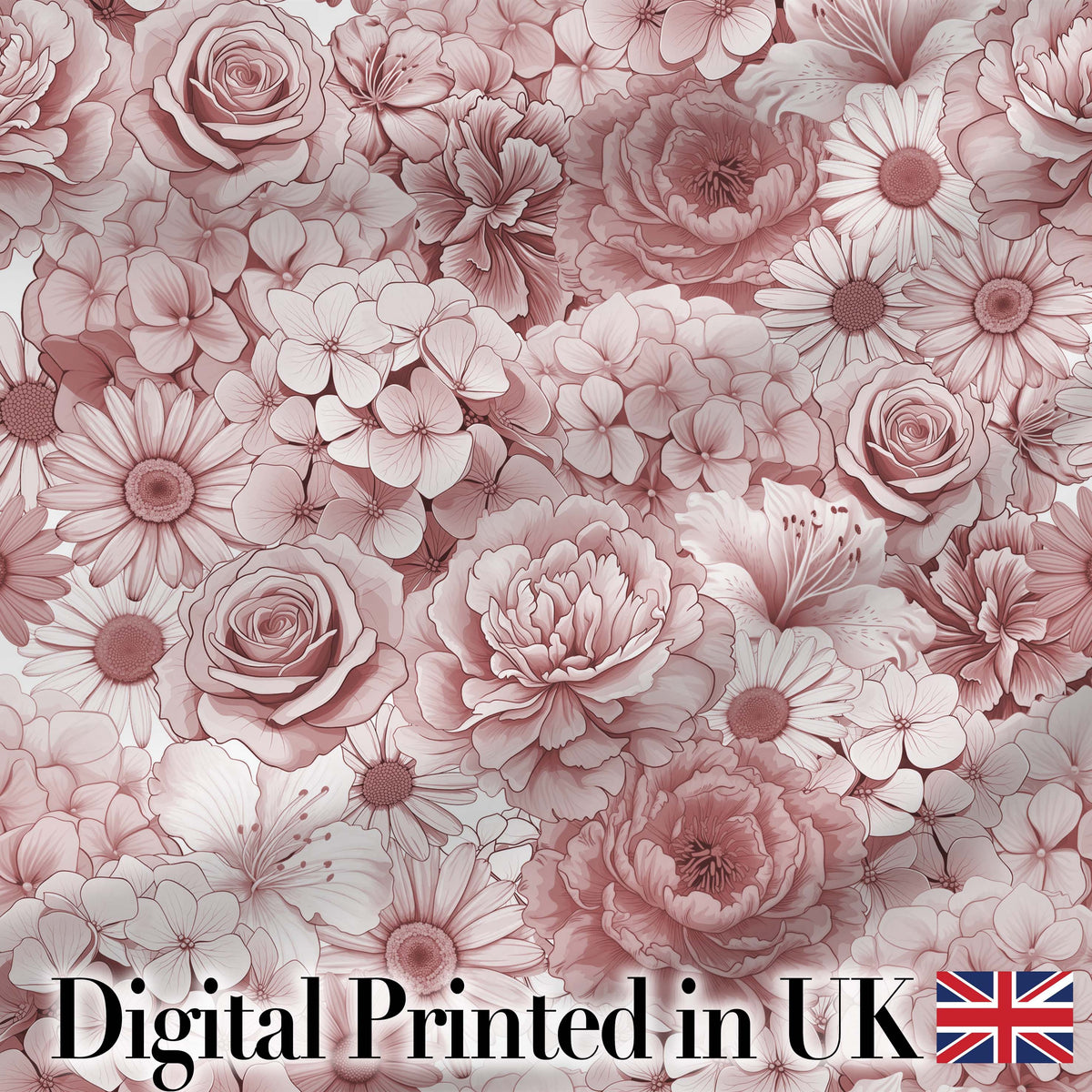 Vintage Monochrome Floral Roses Peonies and Daisies Seamless Pattern Digital Print Fabric by the Metre UK Sewing Quilting Textile