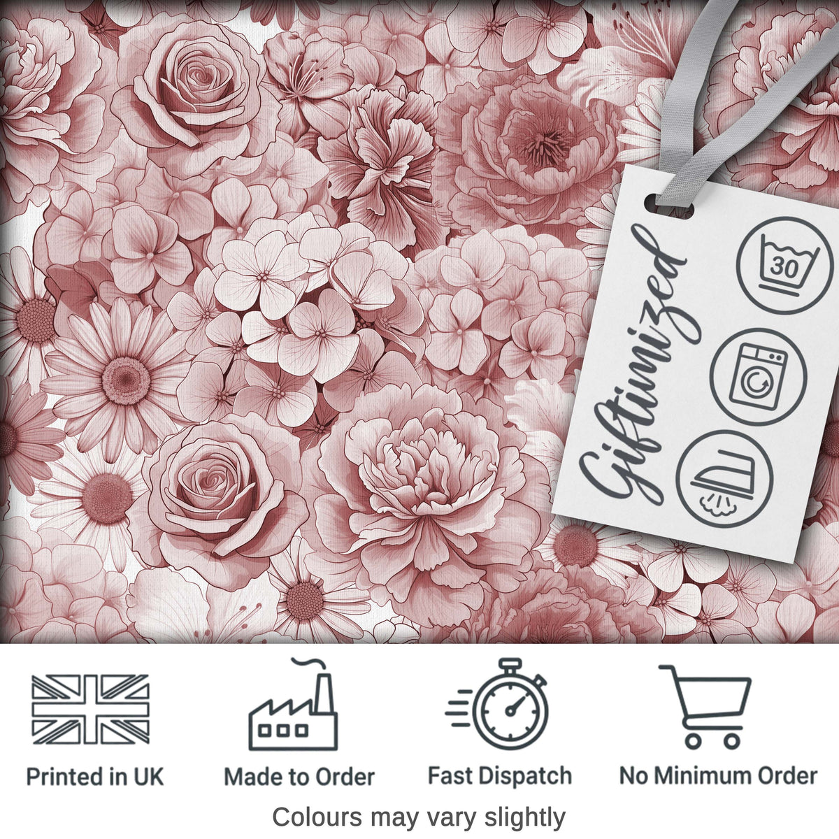 Vintage Monochrome Floral Roses Peonies and Daisies Seamless Pattern Digital Print Fabric by the Metre UK Sewing Quilting Textile