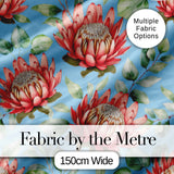 Protea Flower Botanical Illustration Seamless Pattern Blue Background Digital Print Fabric by the Metre UK Sewing Quilting Textile