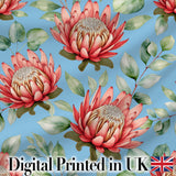 Protea Flower Botanical Illustration Seamless Pattern Blue Background Digital Print Fabric by the Metre UK Sewing Quilting Textile