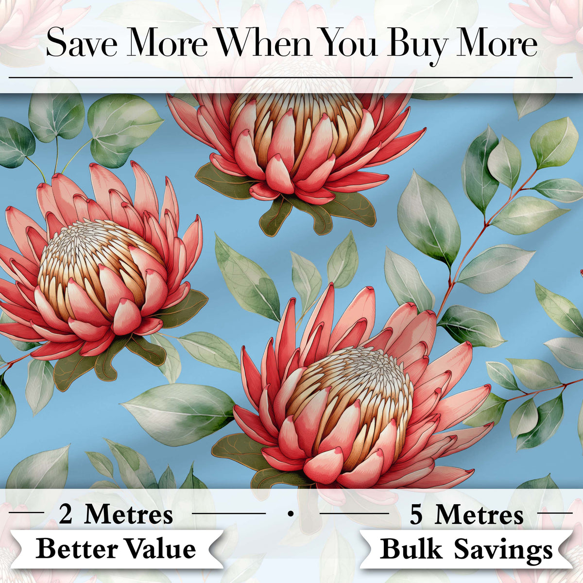 Protea Flower Botanical Illustration Seamless Pattern Blue Background Digital Print Fabric by the Metre UK Sewing Quilting Textile