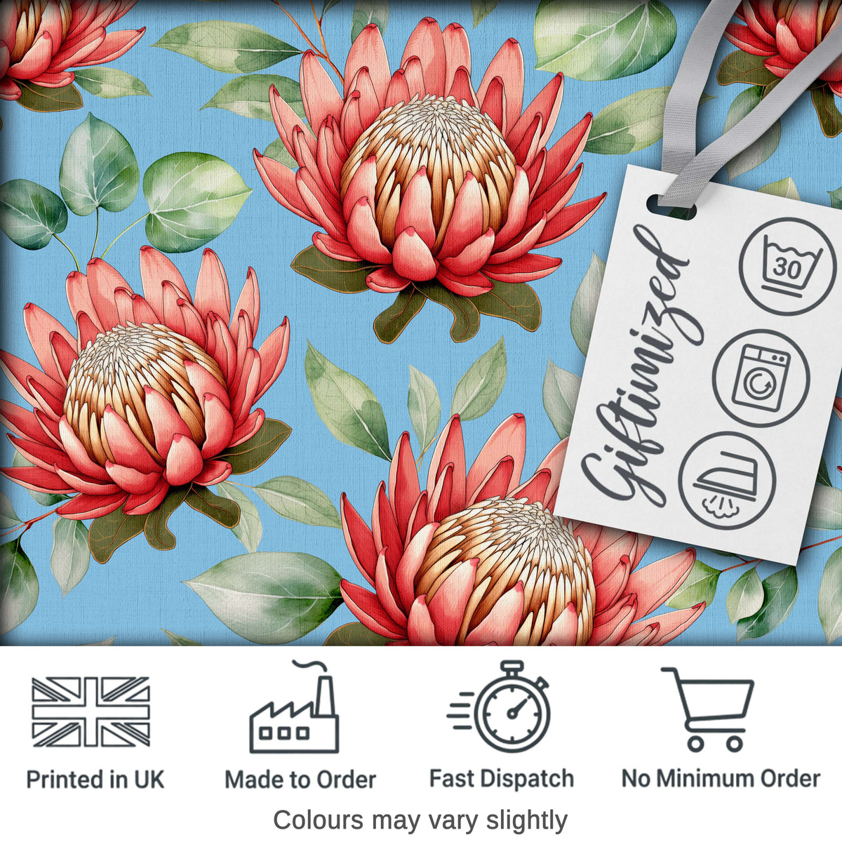 Protea Flower Botanical Illustration Seamless Pattern Blue Background Digital Print Fabric by the Metre UK Sewing Quilting Textile