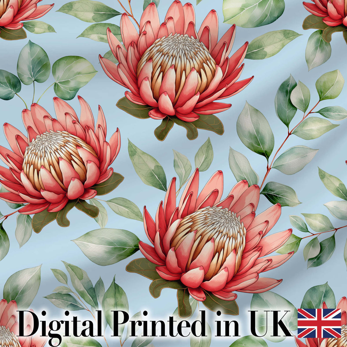 Protea Flower Botanical Illustration Seamless Pattern Neutral Background Digital Print Fabric by the Metre UK Sewing Quilting Textile