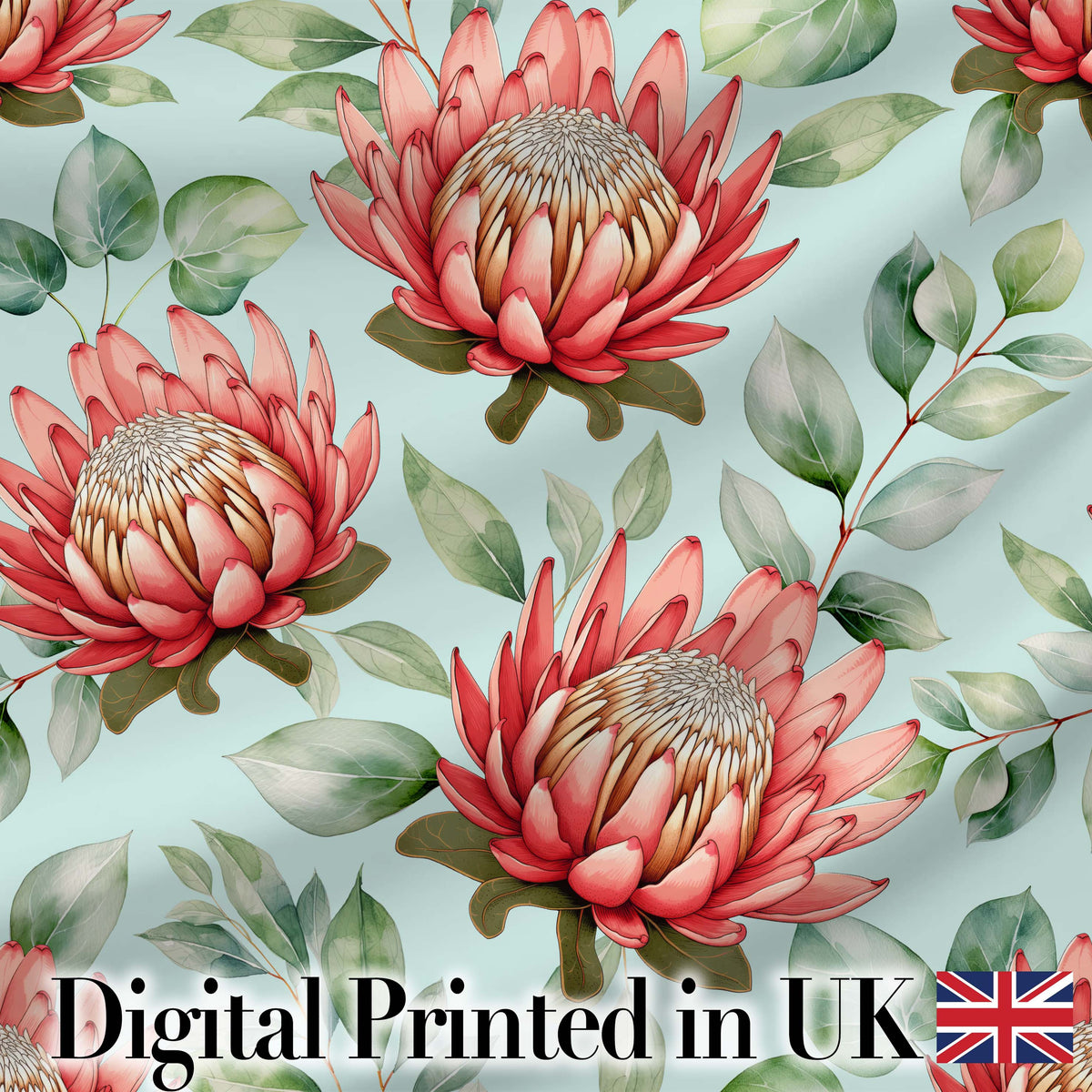 Protea Flower Botanical Illustration Seamless Pattern Pastel Background Digital Print Fabric by the Metre UK Sewing Quilting Textile