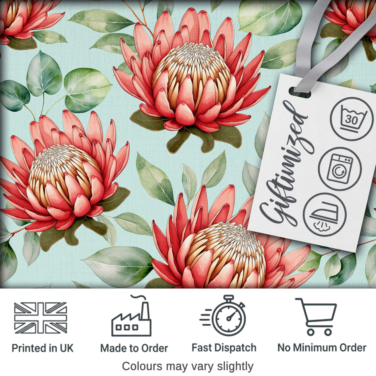 Protea Flower Botanical Illustration Seamless Pattern Pastel Background Digital Print Fabric by the Metre UK Sewing Quilting Textile