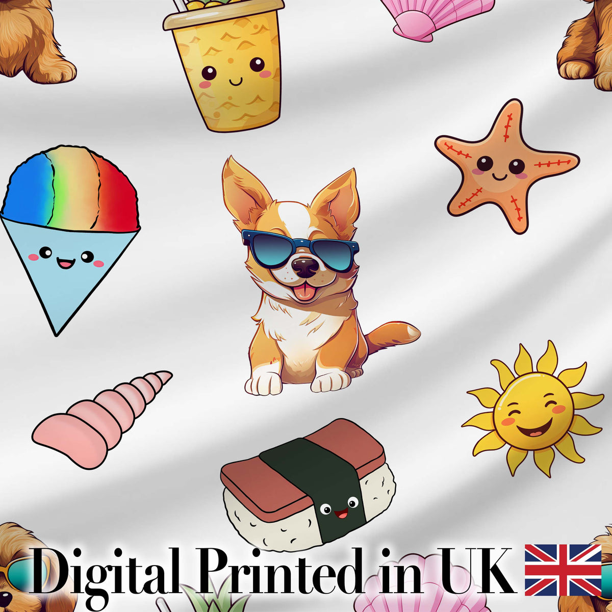 Cute Cartoon Dog Sunglasses Summer Fun Kawaii Seamless Pattern Kids Style Digital Print Fabric by the Metre UK Sewing Quilting Textile