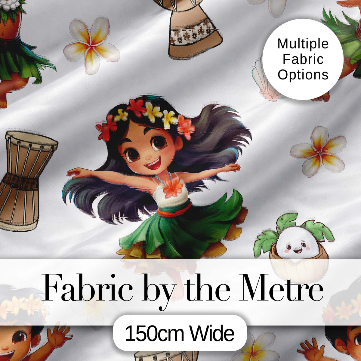 Island Girl Hula Dance Tropical Cute Cartoon Seamless Pattern Kids Fabric Digital Print Fabric by the Metre UK Sewing Quilting Textile