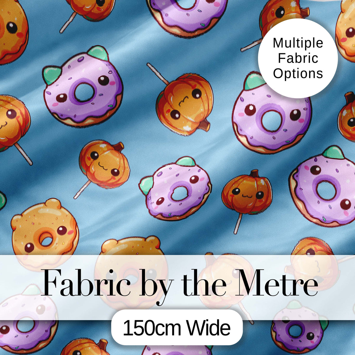 Kawaii Donuts Candy Blue Background Cute Sweet Seamless Pattern Style Digital Print Fabric by the Metre UK Sewing Quilting Textile