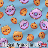 Kawaii Donuts Candy Blue Background Cute Sweet Seamless Pattern Style Digital Print Fabric by the Metre UK Sewing Quilting Textile