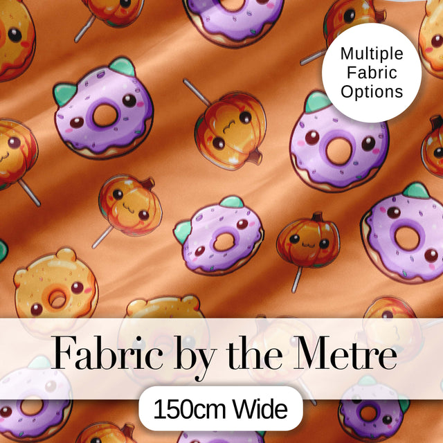 Cute Kawaii Donut Pumpkin Lollipop Pattern Orange Background Digital Print Fabric by the Metre UK Sewing Quilting Textile