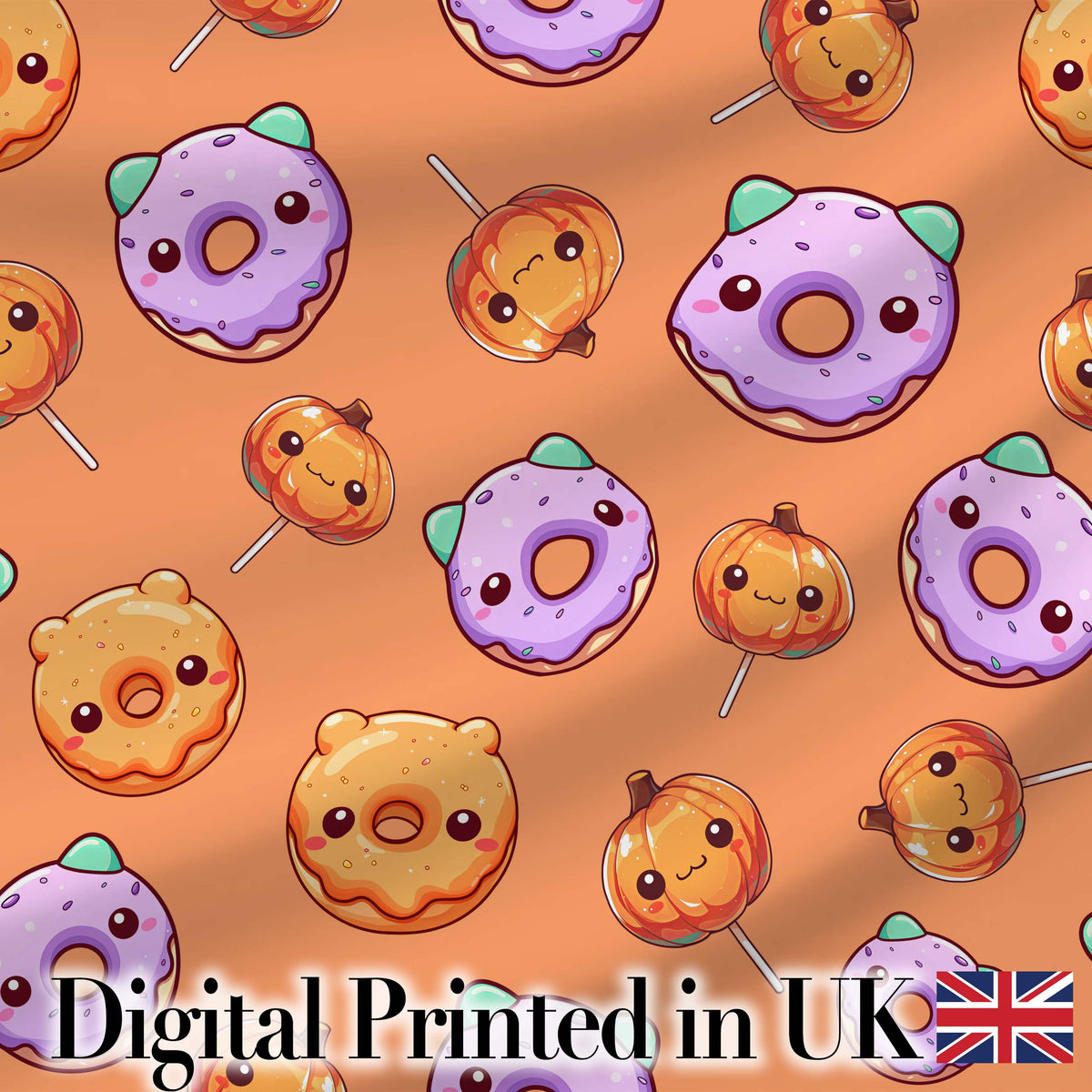 Cute Kawaii Donut Pumpkin Lollipop Pattern Orange Background Digital Print Fabric by the Metre UK Sewing Quilting Textile
