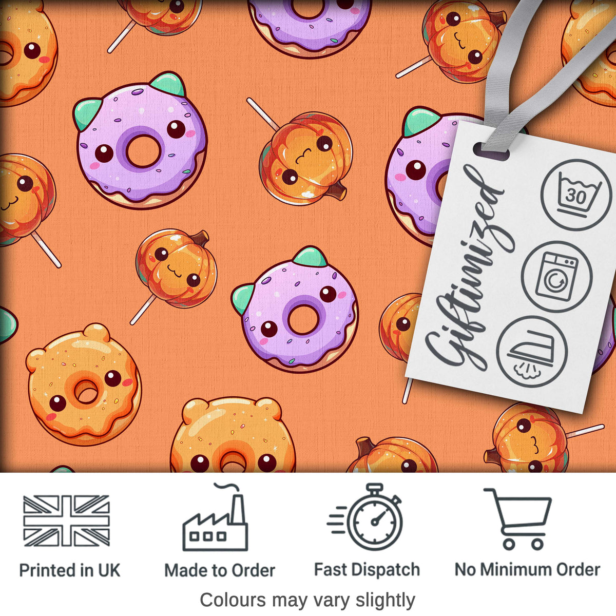 Cute Kawaii Donut Pumpkin Lollipop Pattern Orange Background Digital Print Fabric by the Metre UK Sewing Quilting Textile