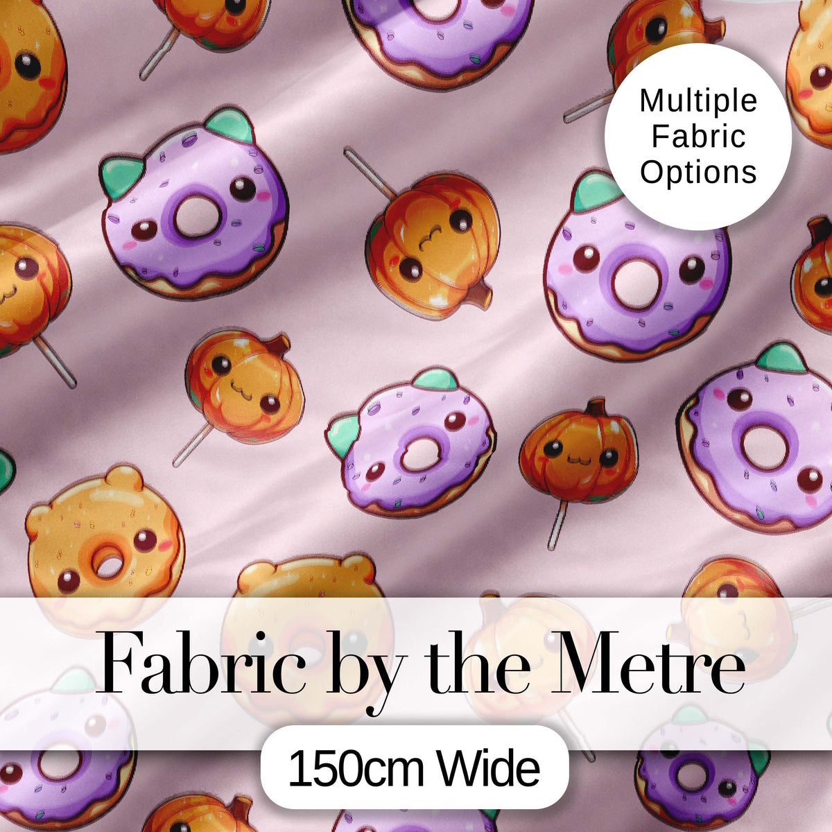 Cute Kawaii Donut Pumpkin Lollipop Pattern Soft Pink Background Digital Print Fabric by the Metre UK Sewing Quilting Textile