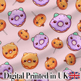 Cute Kawaii Donut Pumpkin Lollipop Pattern Soft Pink Background Digital Print Fabric by the Metre UK Sewing Quilting Textile