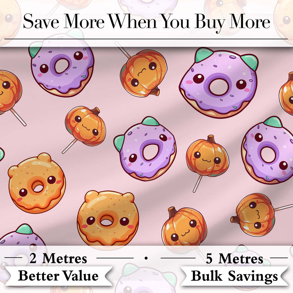 Cute Kawaii Donut Pumpkin Lollipop Pattern Soft Pink Background Digital Print Fabric by the Metre UK Sewing Quilting Textile