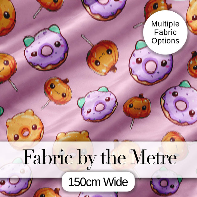 Cute Kawaii Donut Pumpkin Lollipop Pattern Pastel Pink Background Digital Print Fabric by the Metre UK Sewing Quilting Textile