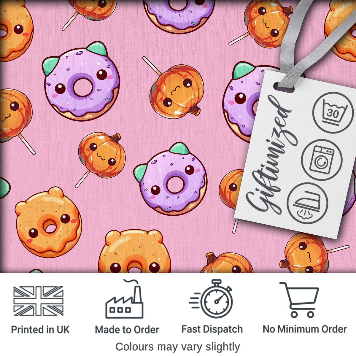 Cute Kawaii Donut Pumpkin Lollipop Pattern Pastel Pink Background Digital Print Fabric by the Metre UK Sewing Quilting Textile