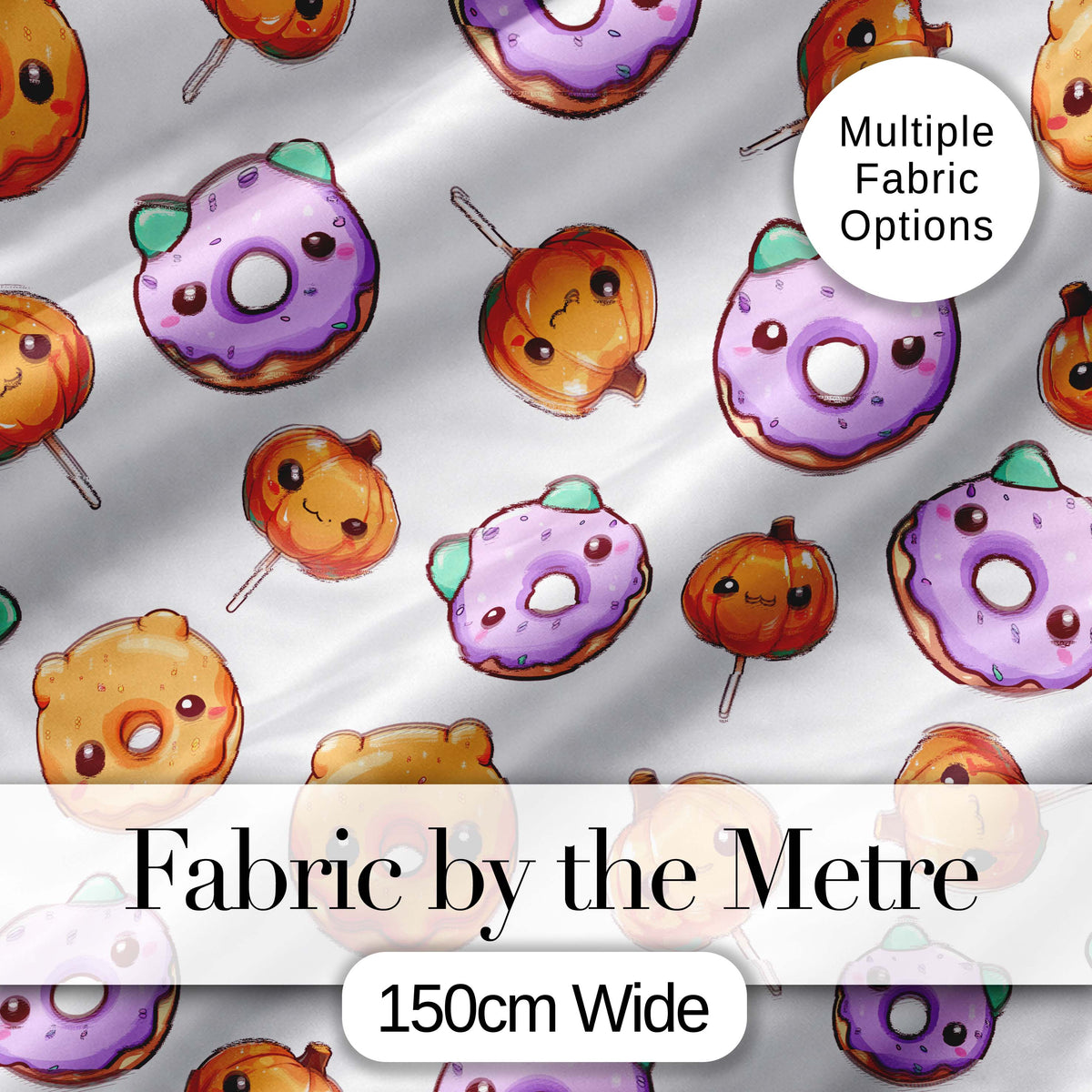 Cute Kawaii Donut Pumpkin Lollipop Pattern Light Grey Background Digital Print Fabric by the Metre UK Sewing Quilting Textile