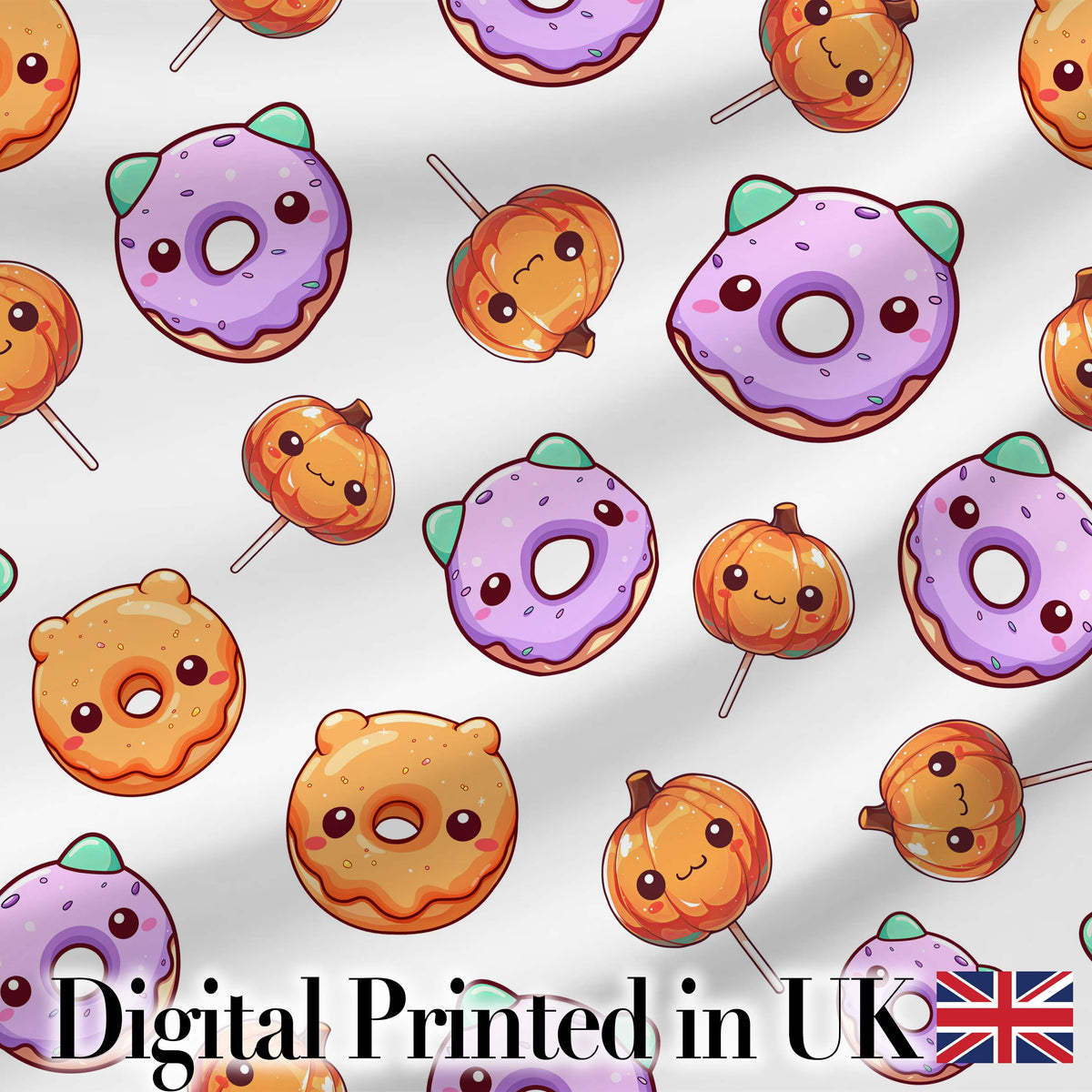 Cute Kawaii Donut Pumpkin Lollipop Pattern Light Grey Background Digital Print Fabric by the Metre UK Sewing Quilting Textile