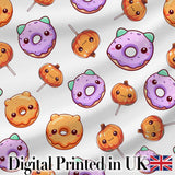 Cute Kawaii Donut Pumpkin Lollipop Pattern Light Grey Background Digital Print Fabric by the Metre UK Sewing Quilting Textile