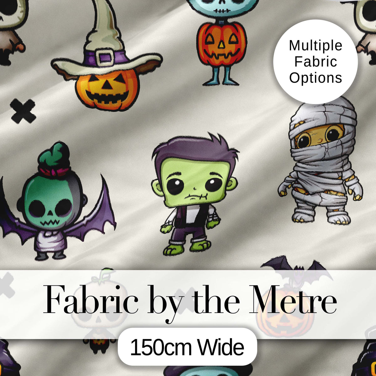 Cute Kawaii Halloween Mummy Bat Pumpkin Character Pattern Digital Print Fabric by the Metre UK Sewing Quilting Textile