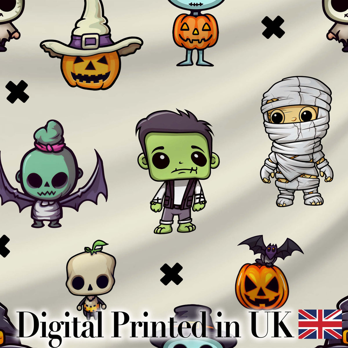 Cute Kawaii Halloween Mummy Bat Pumpkin Character Pattern Digital Print Fabric by the Metre UK Sewing Quilting Textile