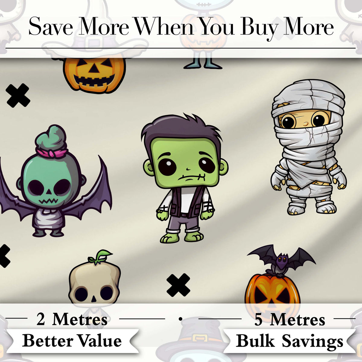 Cute Kawaii Halloween Mummy Bat Pumpkin Character Pattern Digital Print Fabric by the Metre UK Sewing Quilting Textile