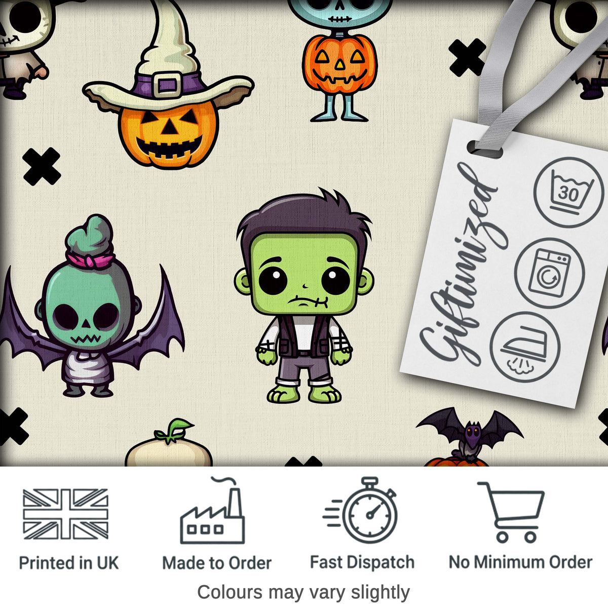Cute Kawaii Halloween Mummy Bat Pumpkin Character Pattern Digital Print Fabric by the Metre UK Sewing Quilting Textile