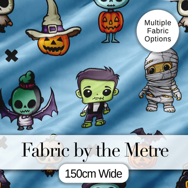 Cute Halloween Characters  Mummy Frankenstein Bat Blue Background Seamless  Digital Print Fabric by the Metre UK Sewing Quilting Textile