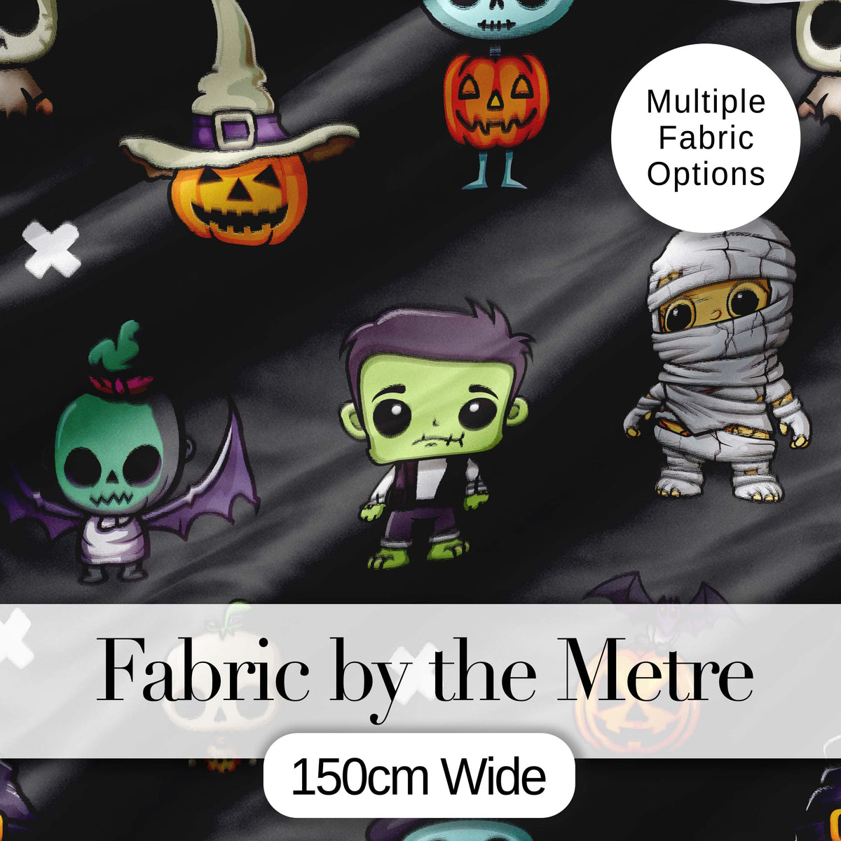 Cute Halloween Characters  Mummy Frankenstein Bat Dark Grey Background Seamless Digital Print Fabric by the Metre UK Sewing Quilting Textile