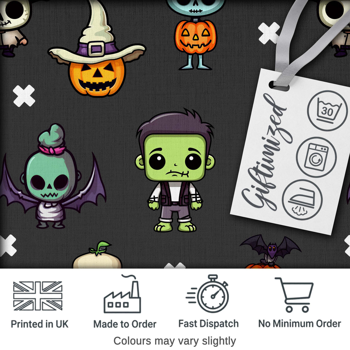 Cute Halloween Characters  Mummy Frankenstein Bat Dark Grey Background Seamless Digital Print Fabric by the Metre UK Sewing Quilting Textile