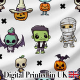 Cute Halloween Frankenstein Mummy Pumpkin Character Seamless Pattern Digital Print Fabric by the Metre UK Sewing Quilting Textile