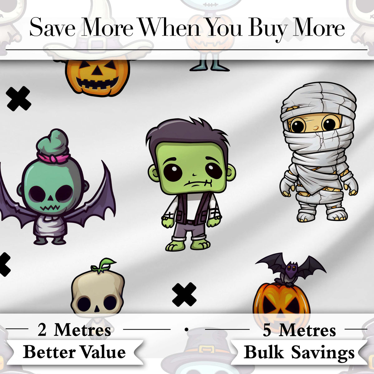 Cute Halloween Frankenstein Mummy Pumpkin Character Seamless Pattern Digital Print Fabric by the Metre UK Sewing Quilting Textile