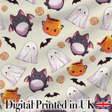 Cute Kawaii Ghost Bat Candy Pumpkin Seamless Pattern Cream Background Digital Print Fabric by the Metre UK Sewing Quilting Textile