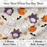 Cute Kawaii Ghost Bat Candy Pumpkin Seamless Pattern Cream Background Digital Print Fabric by the Metre UK Sewing Quilting Textile