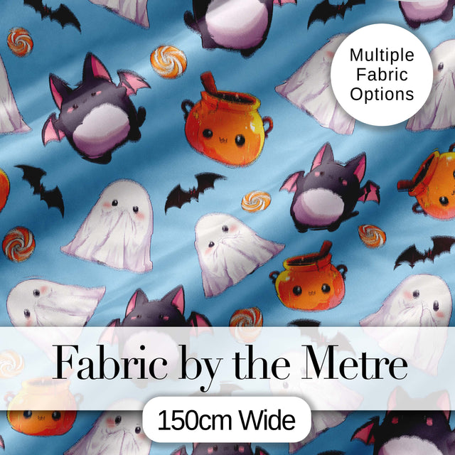 Cute Kawaii Ghost Bat Candy Pumpkin Seamless Pattern Blue Background Digital Print Fabric by the Metre UK Sewing Quilting Textile