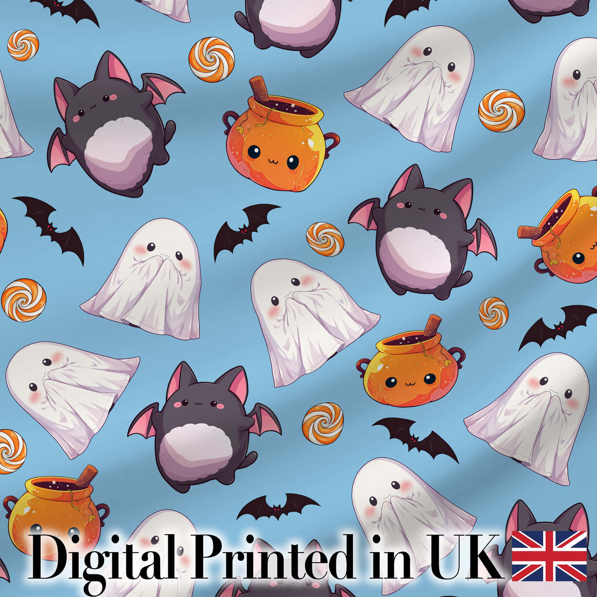 Cute Kawaii Ghost Bat Candy Pumpkin Seamless Pattern Blue Background Digital Print Fabric by the Metre UK Sewing Quilting Textile