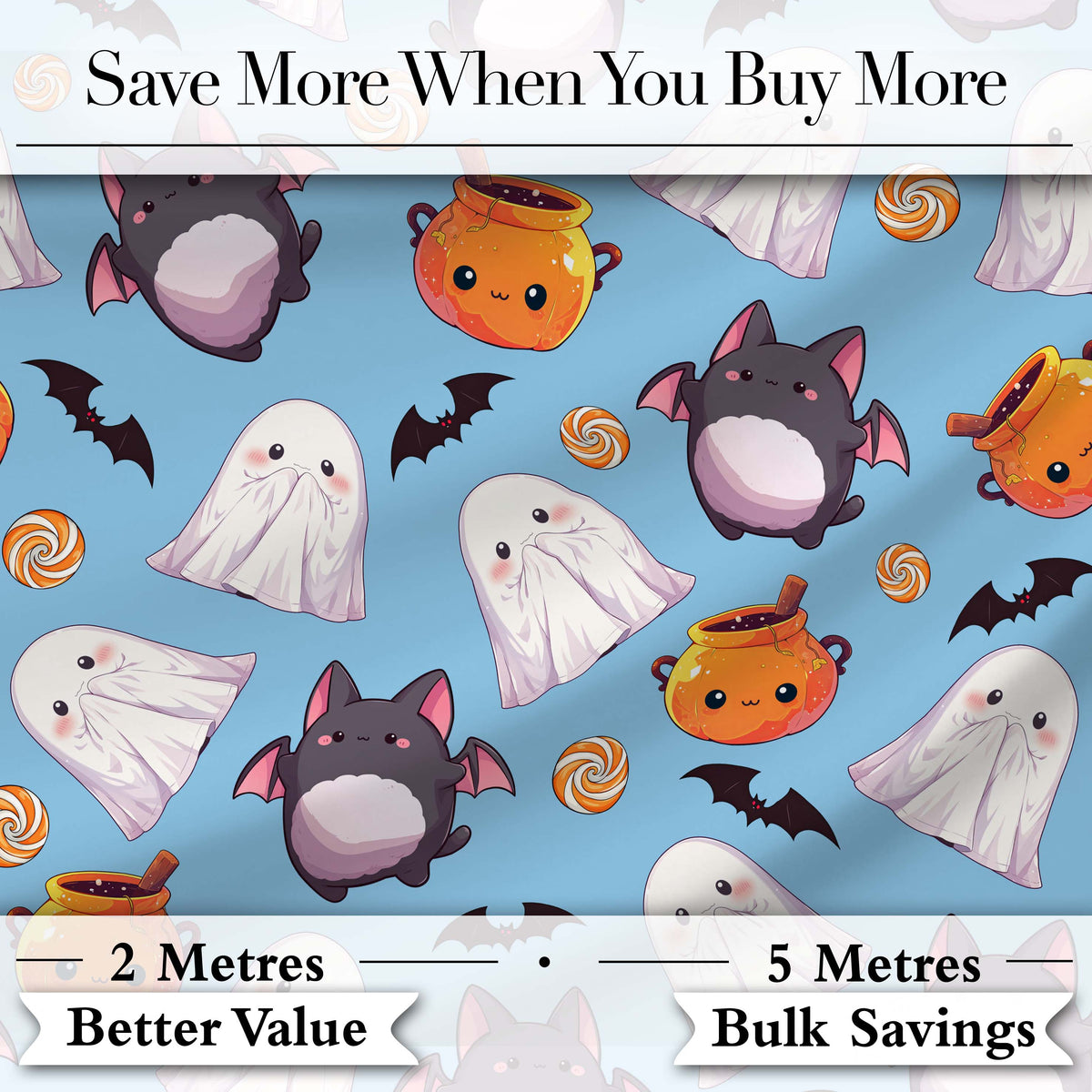 Cute Kawaii Ghost Bat Candy Pumpkin Seamless Pattern Blue Background Digital Print Fabric by the Metre UK Sewing Quilting Textile