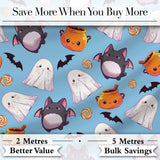 Cute Kawaii Ghost Bat Candy Pumpkin Seamless Pattern Blue Background Digital Print Fabric by the Metre UK Sewing Quilting Textile