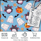 Cute Kawaii Ghost Bat Candy Pumpkin Seamless Pattern Blue Background Digital Print Fabric by the Metre UK Sewing Quilting Textile