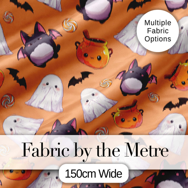 Cute Kawaii Ghost Bat Candy Pumpkin Seamless Pattern Orange Background Digital Print Fabric by the Metre UK Sewing Quilting Textile