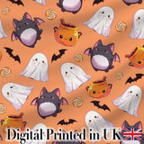 Cute Kawaii Ghost Bat Candy Pumpkin Seamless Pattern Orange Background Digital Print Fabric by the Metre UK Sewing Quilting Textile