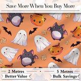 Cute Kawaii Ghost Bat Candy Pumpkin Seamless Pattern Orange Background Digital Print Fabric by the Metre UK Sewing Quilting Textile