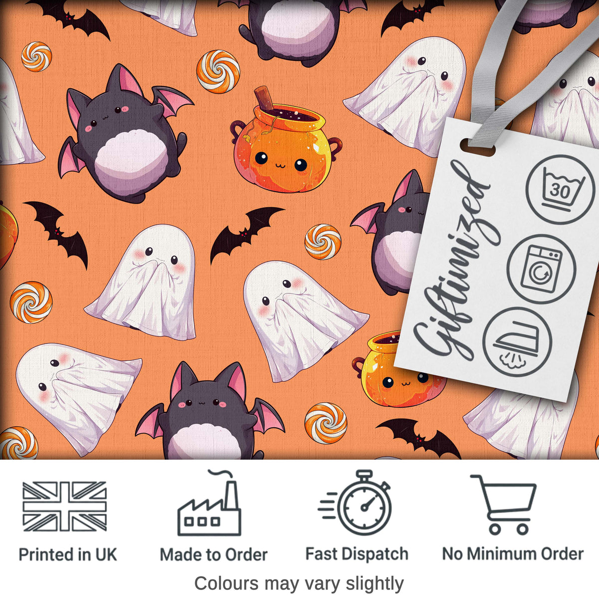 Cute Kawaii Ghost Bat Candy Pumpkin Seamless Pattern Orange Background Digital Print Fabric by the Metre UK Sewing Quilting Textile