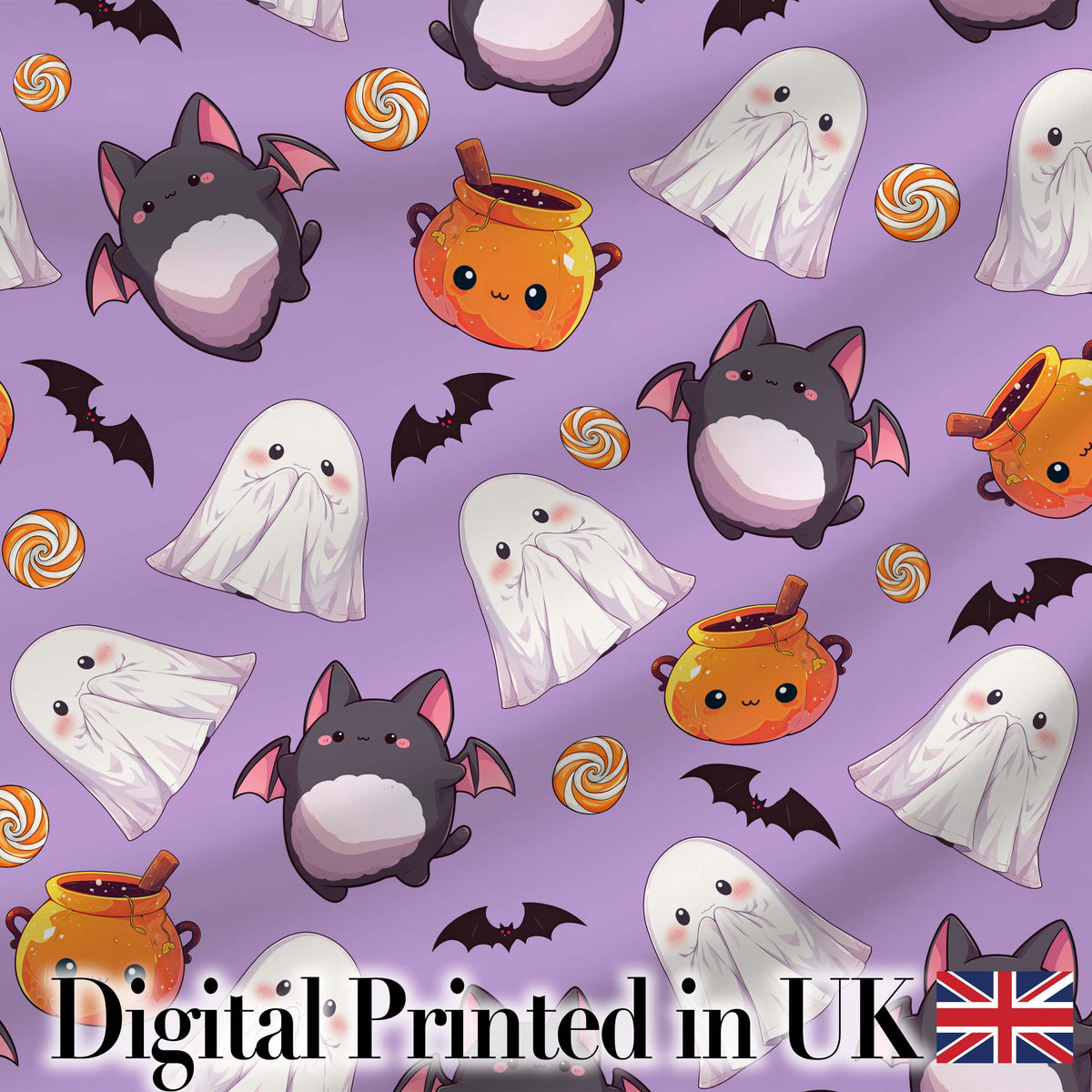 Cute Halloween Ghost Bat Candy Pumpkin Purple Background Seamless Pattern Digital Print Fabric by the Metre UK Sewing Quilting Textile