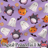Cute Halloween Ghost Bat Candy Pumpkin Purple Background Seamless Pattern Digital Print Fabric by the Metre UK Sewing Quilting Textile