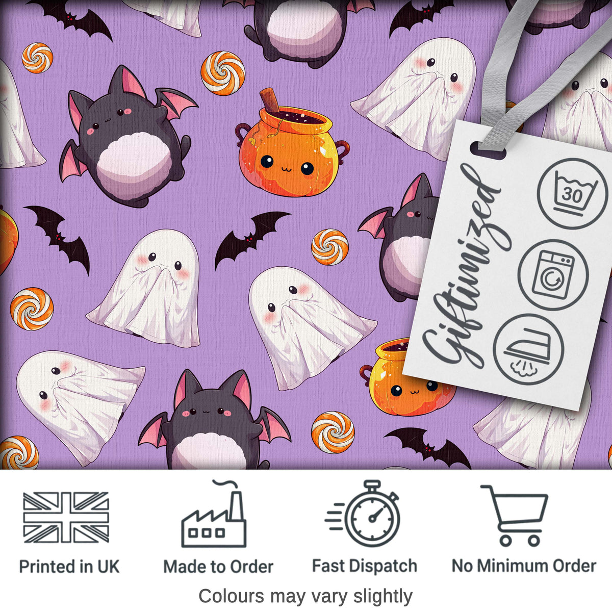 Cute Halloween Ghost Bat Candy Pumpkin Purple Background Seamless Pattern Digital Print Fabric by the Metre UK Sewing Quilting Textile